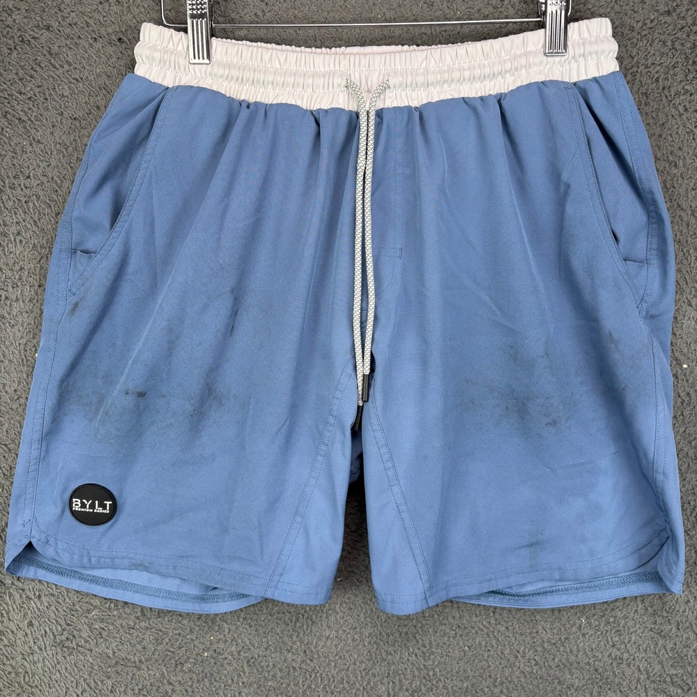 BYLT Basics Men Active Short Blue White Elastic Waist Drawstring Size Medium